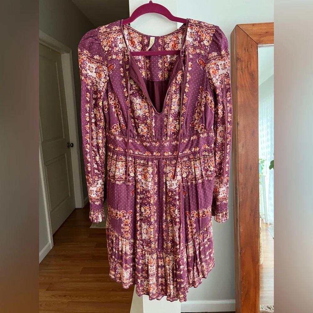 FREE PEOPLE Bridgette Floral Long Sleeve Boho Mini Dress In Berry Combo - Picture 3 of 9
